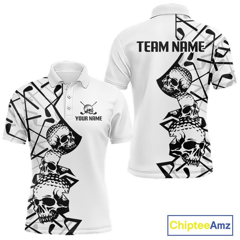 Custom Skull Mens Golf Polo Shirt Personalized Name, Golf Team Polo Jersey| White 