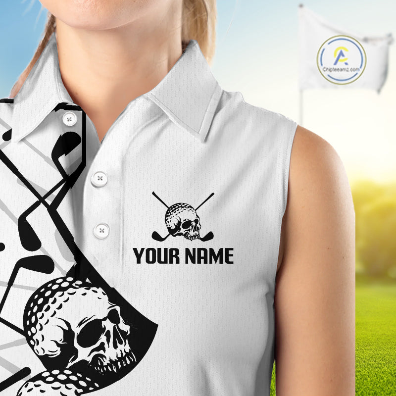 Custom Skull Womens Sleeveless Golf Polo Shirt Personalized Name, Golf Team Polo Jersey| White 
