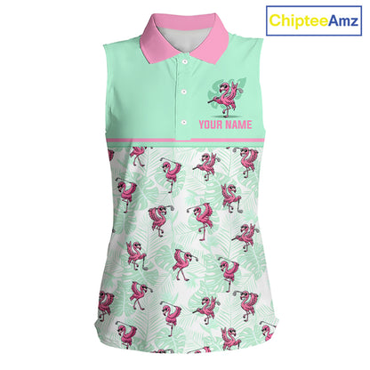 A sleeveless women's polo shirt with a mint green and pink design. The top portion is solid mint green with a pink collar, while the bottom features a white background with a repeating pattern of pink flamingos and green tropical leaves.