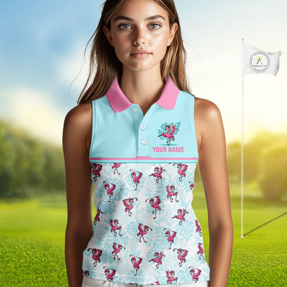 Custom Flamingo Womens Sleeveless Golf Polo Shirt Personalized Name Outfits Light Blue Pink Preppy Golf Shirt NHT1229