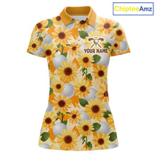Load image into Gallery viewer, Personalized Sunflower Womens Golf Polo Shirt Custom Name Floral Golf Polo For Women 