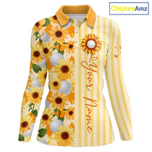 Load image into Gallery viewer, Personalized Sunflower Womens Golf Polo Shirt Custom Name Golf Ball Floral Polo Shirt 
