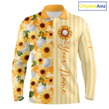 Load image into Gallery viewer, Personalized Sunflower Mens Golf Polo Shirt Custom Name Golf Ball Floral Polo Shirt 
