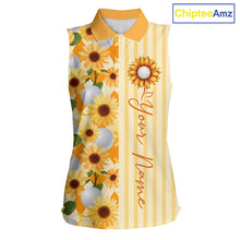 Load image into Gallery viewer, Personalized Sunflower Womens Sleeveless Golf Polo Shirt Custom Name Golf Ball Floral Polo Shirt 