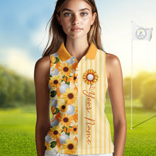 Load image into Gallery viewer, Personalized Sunflower Womens Sleeveless Golf Polo Shirt Custom Name Golf Ball Floral Polo Shirt 