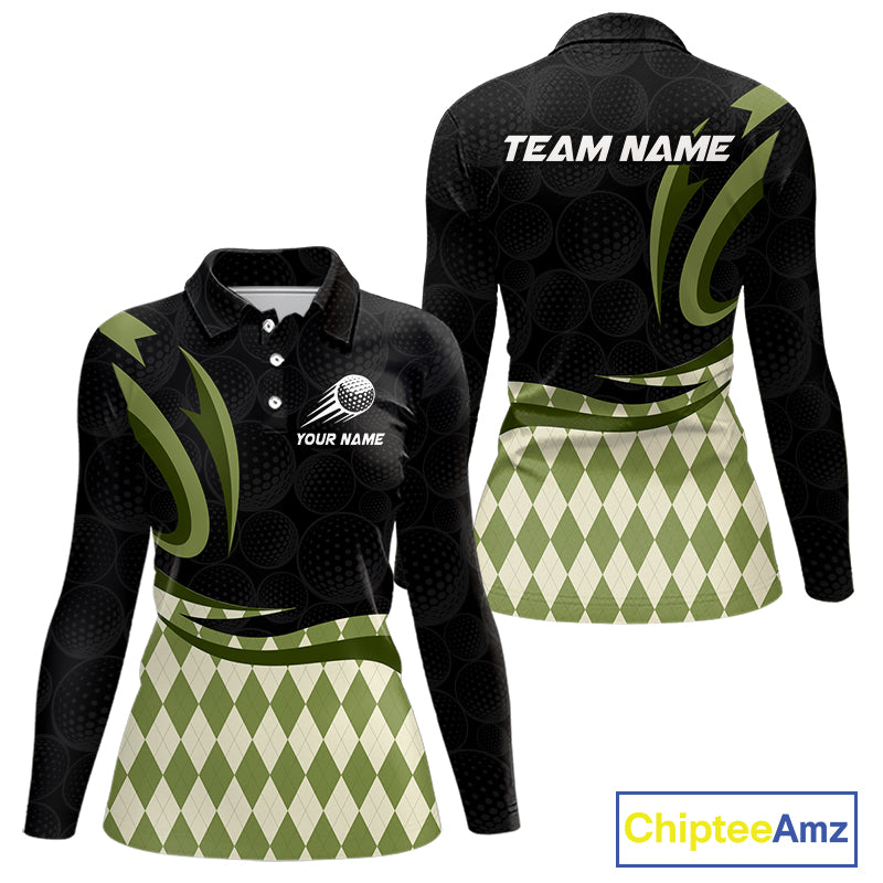 Personalized Womens Golf Polo Shirt Custom Name, Black Green Argyle Golf Team Polo 