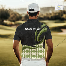 Load image into Gallery viewer, Personalized Mens Golf Polo Shirt Custom Name, Black Green Argyle Golf Team Polo 