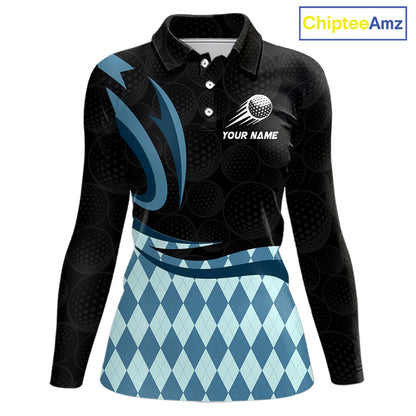 Personalized Womens Golf Polo Shirt Custom Name, Black Blue Argyle Golf Team Polo 