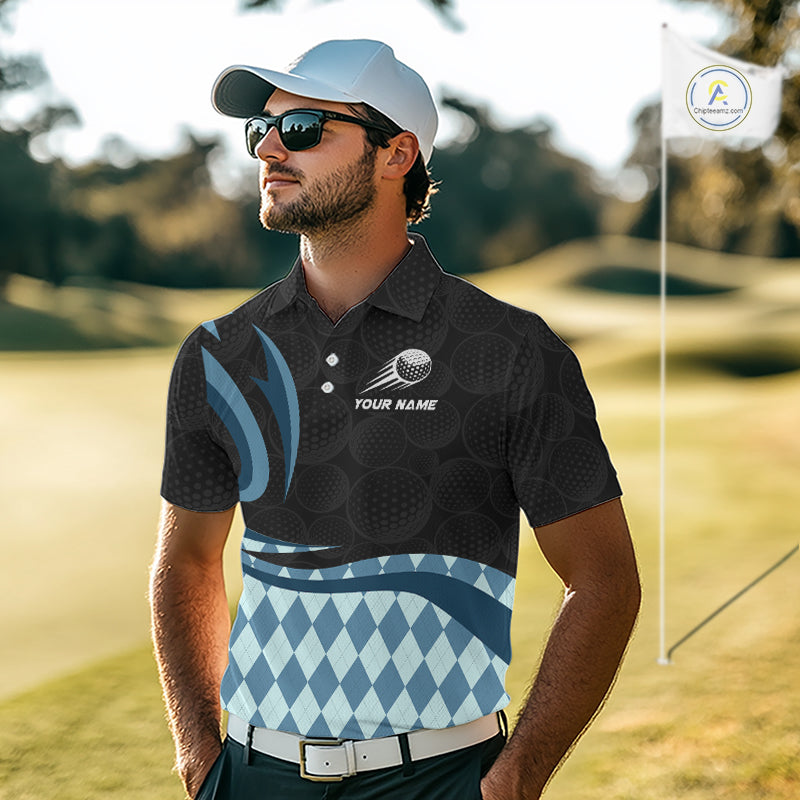 Personalized Mens Golf Polo Shirt Custom Name, Black Blue Argyle Golf Team Polo 