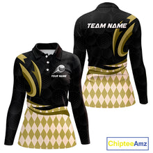 Load image into Gallery viewer, Personalized Womens Golf Polo Shirt Custom Name, Black Yellow Argyle Golf Team Polo 