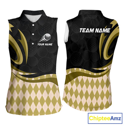 Personalized Womens Sleeveless Golf Polo Shirt Custom Name, Black Yellow Argyle Golf Team Polo 