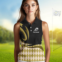 Load image into Gallery viewer, Personalized Womens Sleeveless Golf Polo Shirt Custom Name, Black Yellow Argyle Golf Team Polo 