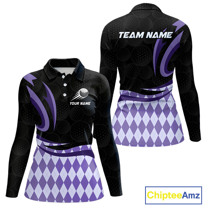 Personalized Womens Golf Polo Shirt Custom Name, Black Purple Argyle Golf Team Polo 