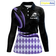 Load image into Gallery viewer, Personalized Womens Golf Polo Shirt Custom Name, Black Purple Argyle Golf Team Polo 