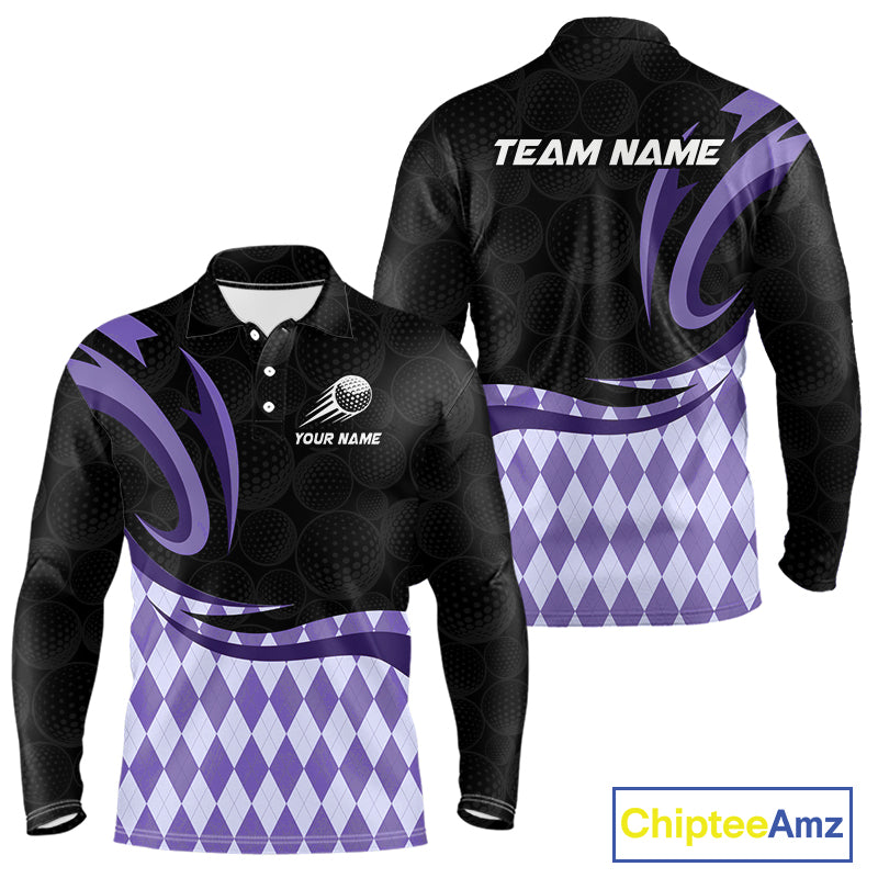 Personalized Mens Golf Polo Shirt Custom Name, Black Purple Argyle Golf Team Polo 