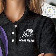 Load image into Gallery viewer, Personalized Womens Golf Polo Shirt Custom Name, Black Purple Argyle Golf Team Polo NHT1077