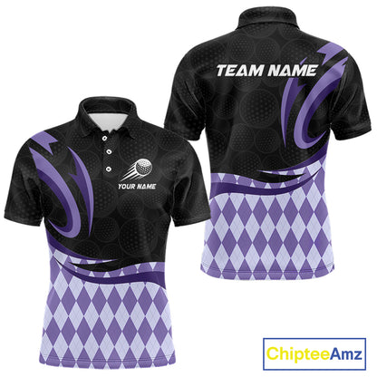 Personalized Mens Golf Polo Shirt Custom Name, Black Purple Argyle Golf Team Polo 