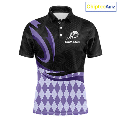 Personalized Mens Golf Polo Shirt Custom Name, Black Purple Argyle Golf Team Polo