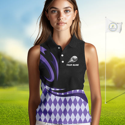Personalized Womens Sleeveless Golf Polo Shirt Custom Name, Black Purple Argyle Golf Team Polo 