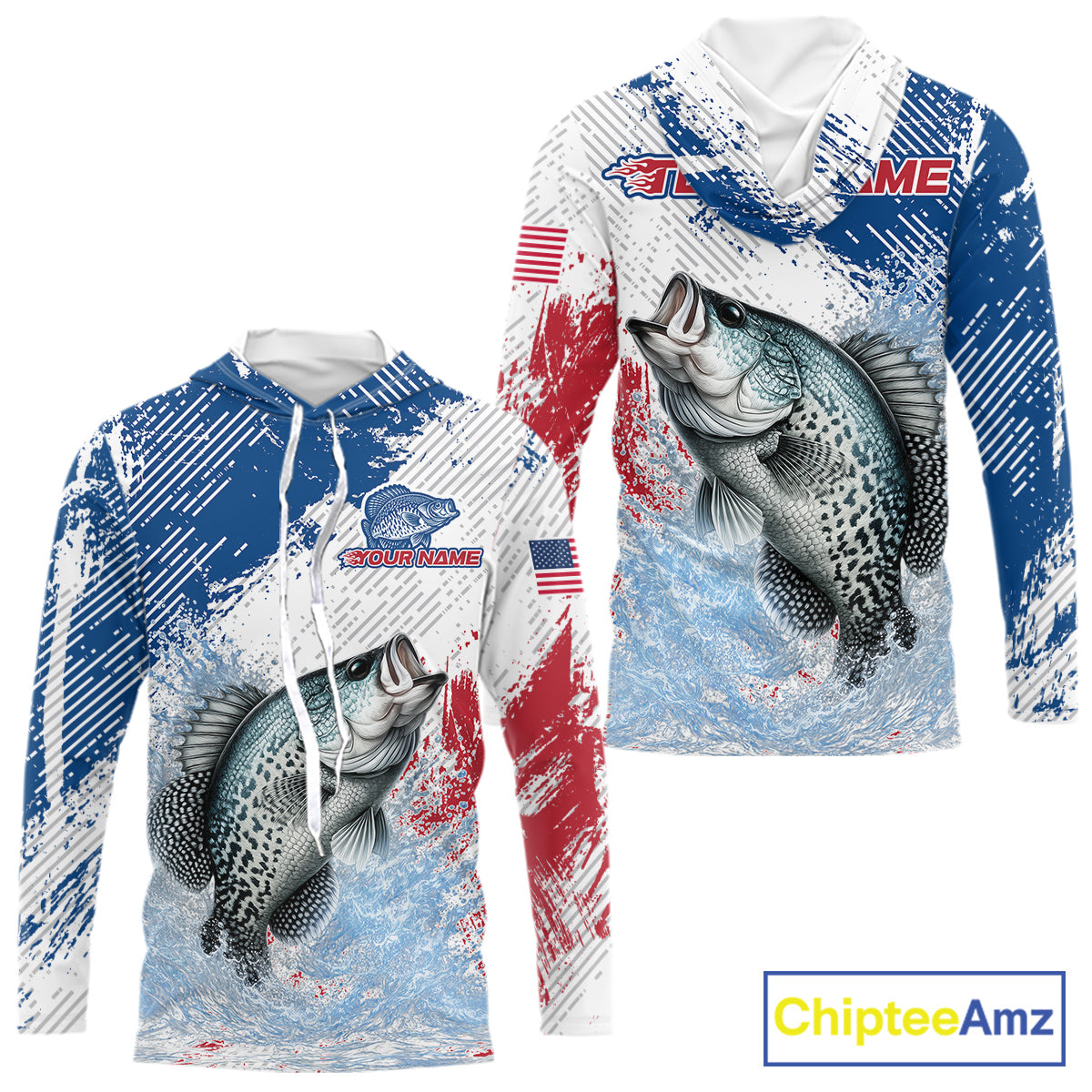 Custom Patriotic American Flag Crappie Fishing Shirts Long Sleeve Hooded, Fishing Tournament Jerseys NHT550
