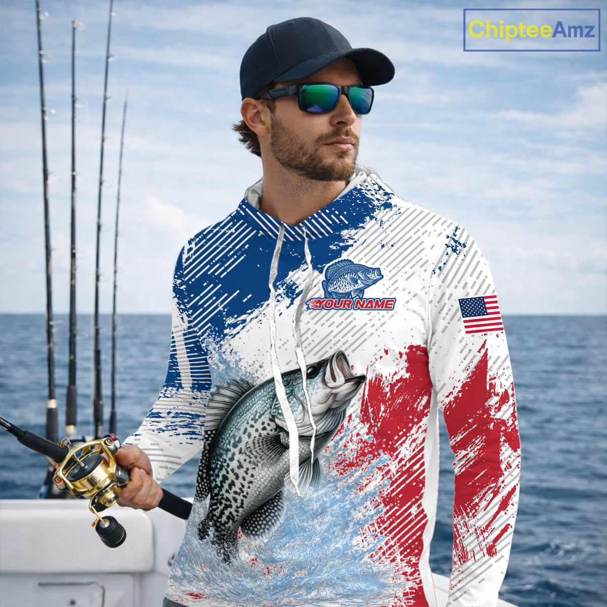 Custom Patriotic American Flag Crappie Fishing Shirts Long Sleeve Hooded, Fishing Tournament Jerseys NHT550