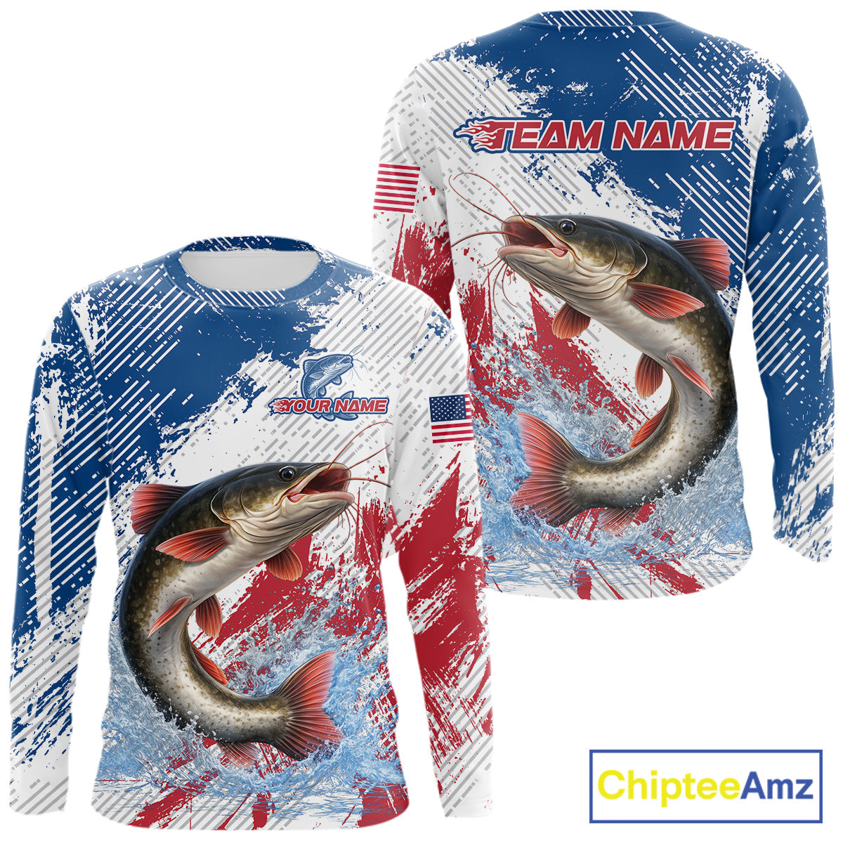 Custom Patriotic American Flag Catfish Fishing Shirts Long Sleeve, Fishing Tournament Jerseys NHT552