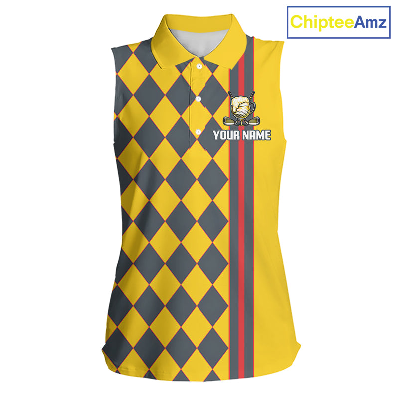 Personalized Womens Sleeveless Golf Polo Shirt Beer And Golf Ball Graphic Custom Team Name Golf Jersey|Yellow 