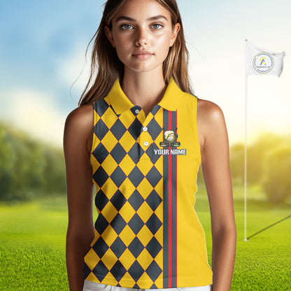 Personalized Womens Sleeveless Golf Polo Shirt Beer And Golf Ball Graphic Custom Team Name Golf Jersey|Yellow 