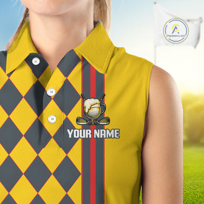 Personalized Womens Sleeveless Golf Polo Shirt Beer And Golf Ball Graphic Custom Team Name Golf Jersey|Yellow NHT1090