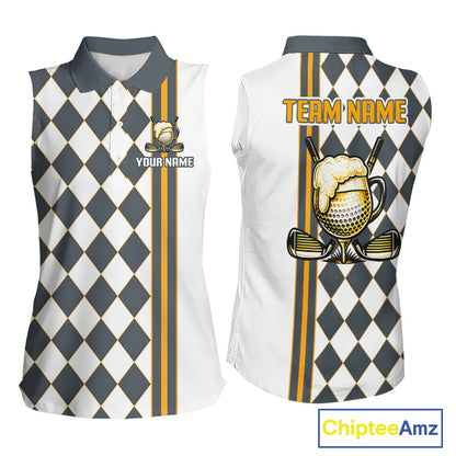 Personalized Womens Sleeveless Golf Polo Shirt Beer And Golf Ball Graphic Custom Team Name Golf Jersey|White NHT1091
