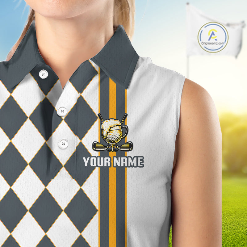 Personalized Womens Sleeveless Golf Polo Shirt Beer And Golf Ball Graphic Custom Team Name Golf Jersey|White 