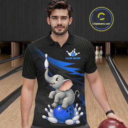 A man wearing a black short-sleeve bowling shirt with a cartoon baby elephant graphic and blue lightning accents, standing in a bowling alley. A circular 'Chipleeamz.