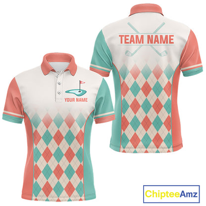 Argyle Pattern Golf Polo Shirts For Mens Custom Name, Golf Pattern Orange Turquoise Shirt Gifts NHT929