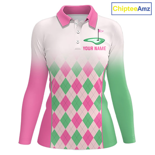 Argyle Pattern Golf Polo Shirts For Womens Custom Name, Golf Pattern Pink Green Shirt Gifts NHT930