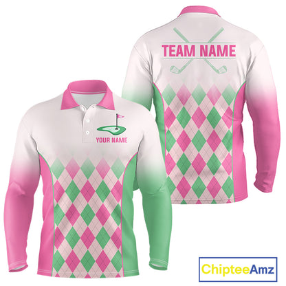 Argyle Pattern Golf Polo Shirts For Mens Custom Name, Golf Pattern Pink Green Shirt Gifts NHT930