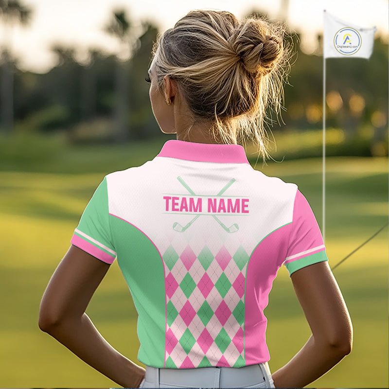 Argyle Pattern Golf Polo Shirts For Womens Custom Name, Golf Pattern Pink Green Shirt Gifts NHT930