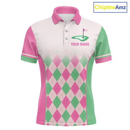 Argyle Pattern Golf Polo Shirts For Mens Custom Name, Golf Pattern Pink Green Shirt Gifts NHT930