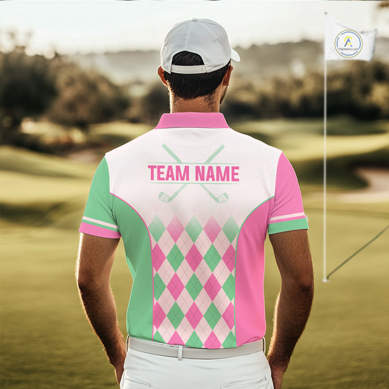 Argyle Pattern Golf Polo Shirts For Mens Custom Name, Golf Pattern Pink Green Shirt Gifts NHT930