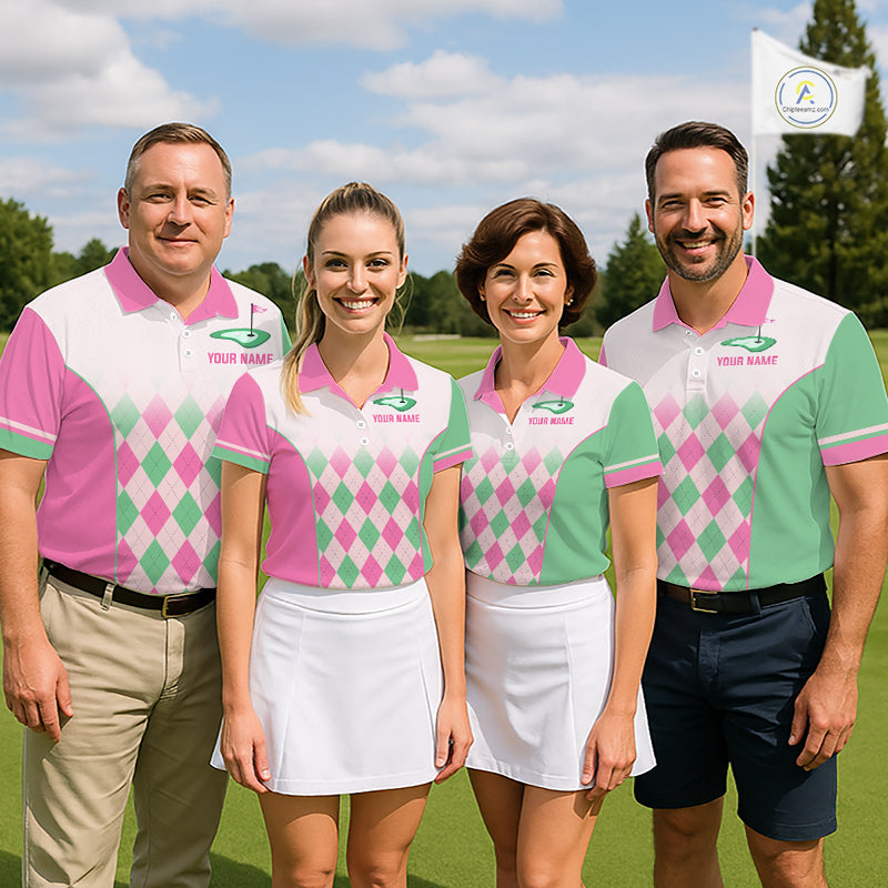 Argyle Pattern Golf Polo Shirts For Womens Custom Name, Golf Pattern Pink Green Shirt Gifts NHT930