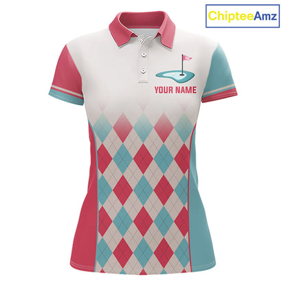 Argyle Pattern Golf Polo Shirts For Womens Custom Name, Golf Pattern Red Blue Shirt Gifts NHT931