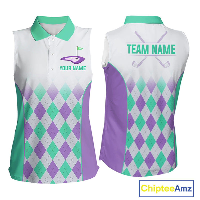 Argyle Pattern Womens Sleeveless Golf Polo Shirts For Womens Custom Name, Golf Pattern Turquoise Purple Shirt Gifts NHT932