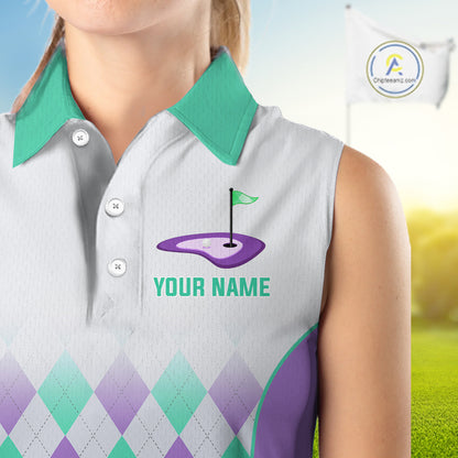 Argyle Pattern Womens Sleeveless Golf Polo Shirts For Womens Custom Name, Golf Pattern Turquoise Purple Shirt Gifts NHT932