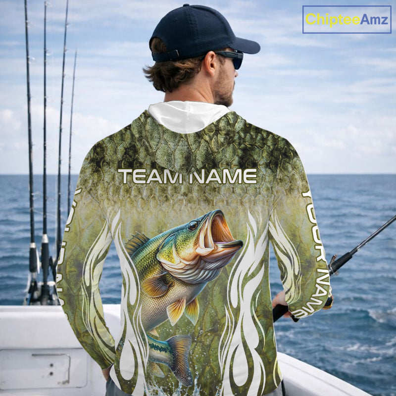Personalized Bass Team Fishing Shirt - Long Sleeve Hooded Tournament Fishing Apparel 