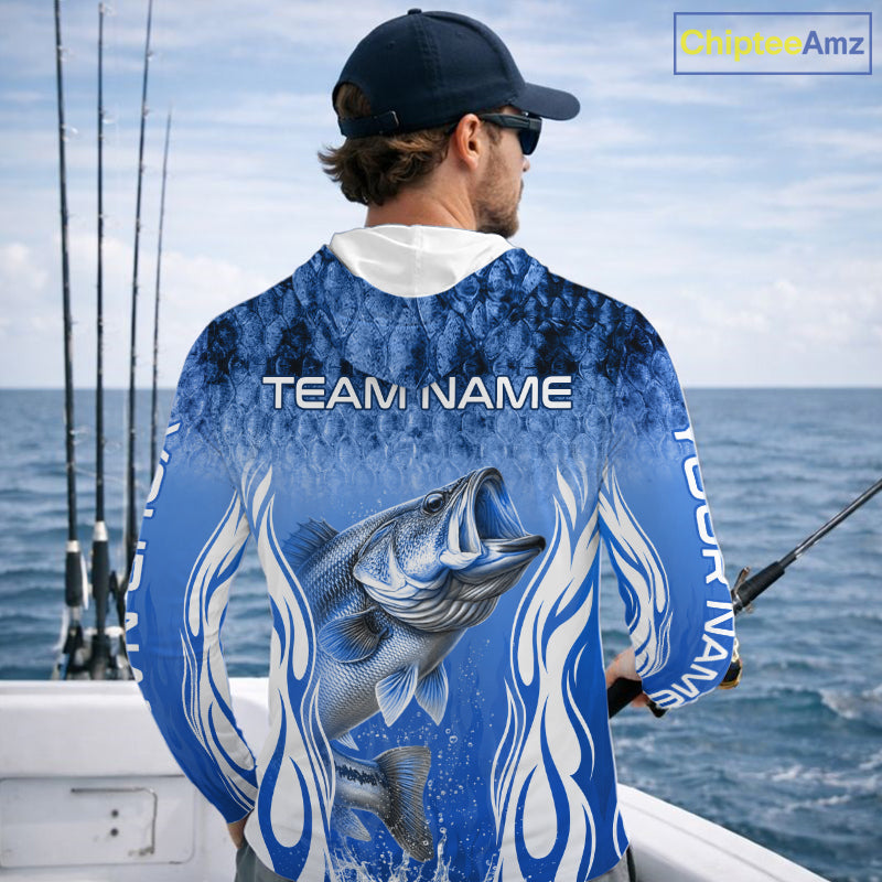 Personalized Team Bass Fishing Shirt - Long Sleeve Hooded Tournament Fishing Apparel|Blue 