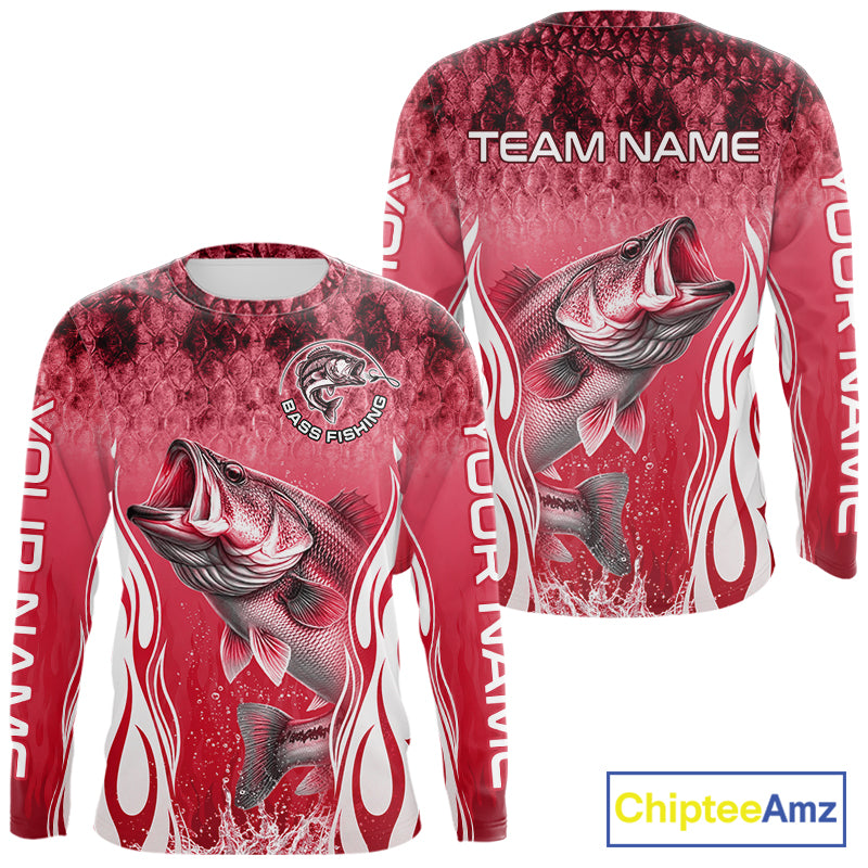 Personalized Team Bass Fishing Shirt - Long Sleeve Tournament Fishing Apparel|Red 