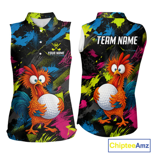 Front and back views of a sleeveless collared golf shirt featuring a colorful abstract paint-splatter design in black, blue, pink, and neon yellow, with a cartoon orange rooster holding a white golf ball. The front has a button placket and a small chest graphic reading 'YOUR NAME' with a golf flag icon, while the back has 'TEAM NAME' in white text.