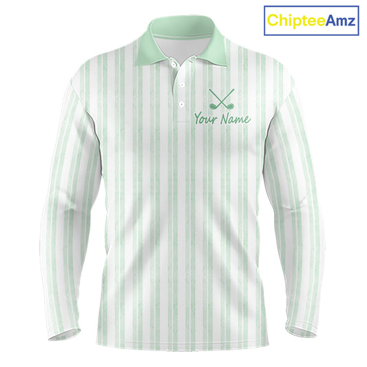 Personalized mint green striped golf polo shirt for men with custom team name