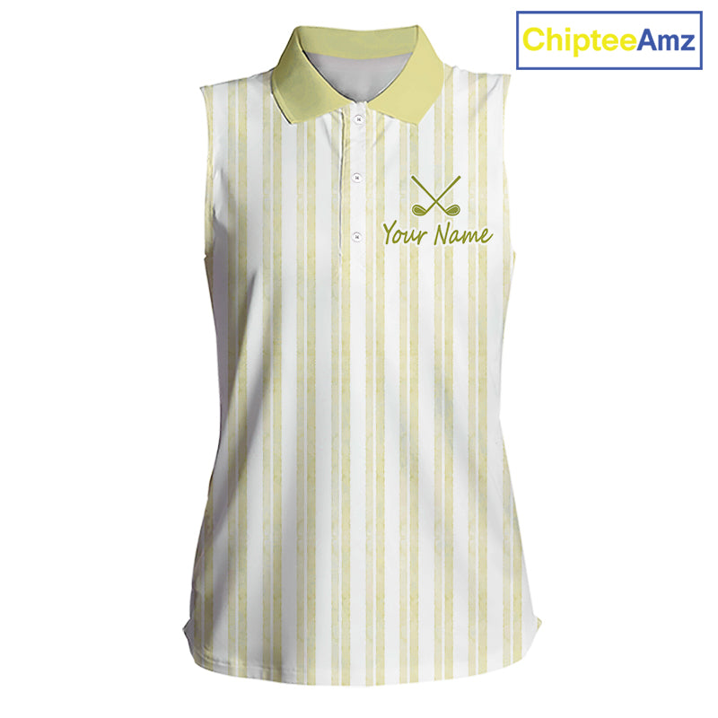 Personalized Womens Sleeveless Golf Polo Shirt Mint Yellow Striped Custom Team Name Polo For Womens