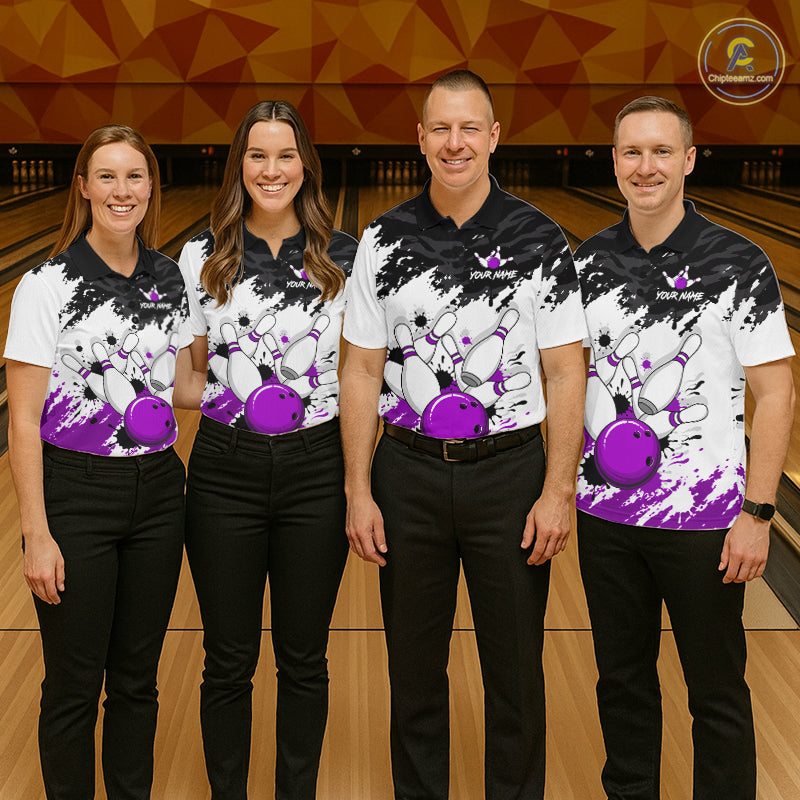 Bowling Shirt Custom Name Purple Black White Bowling Ball Personalized Team Jersey Gift For Men NHT1251