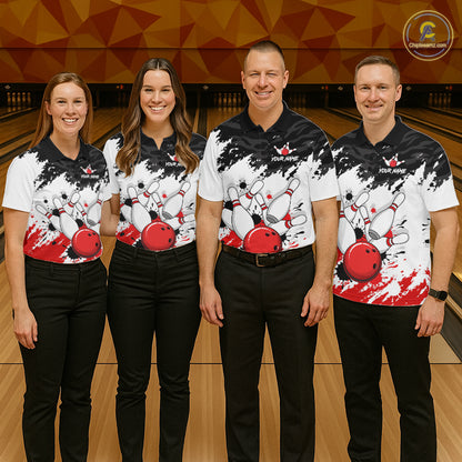 Bowling Shirt Custom Name Red Black White Bowling Ball Personalized Team Jersey Gift For Women NHT1252